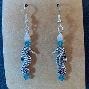 Sea horse, freshwater pearl and Swarovski crystal earrings - handmade